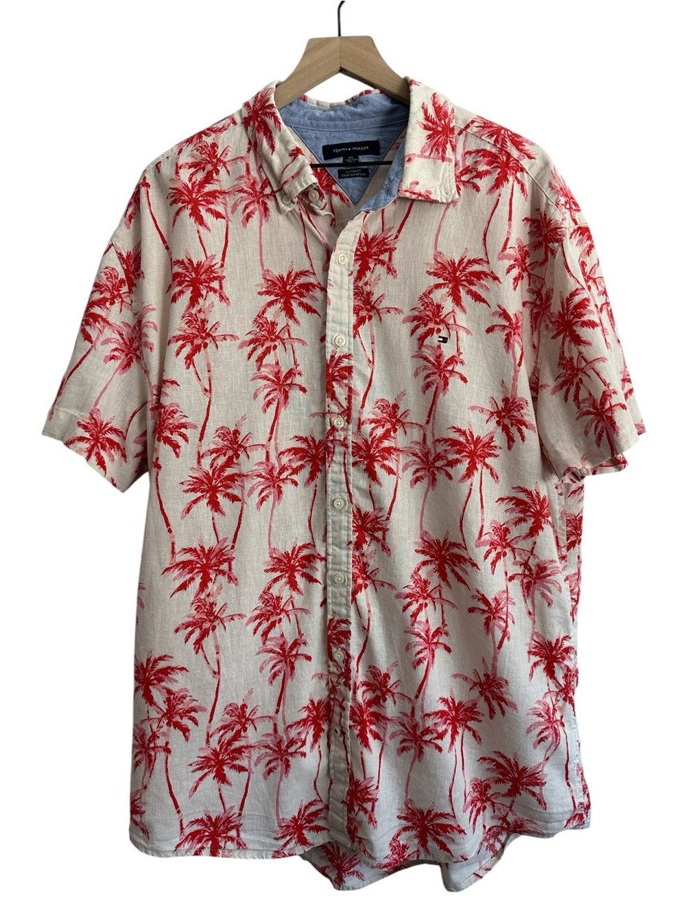 Tommy Hilfiger Men Shirt XXL Red Hawaiian Short-Sleeve Linen Blend Cruise Summer
